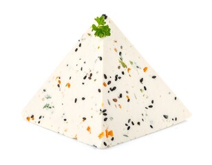 A pyramid of white cheese with seeds and herbs, topped with parsley, casts a soft shadow on a white background