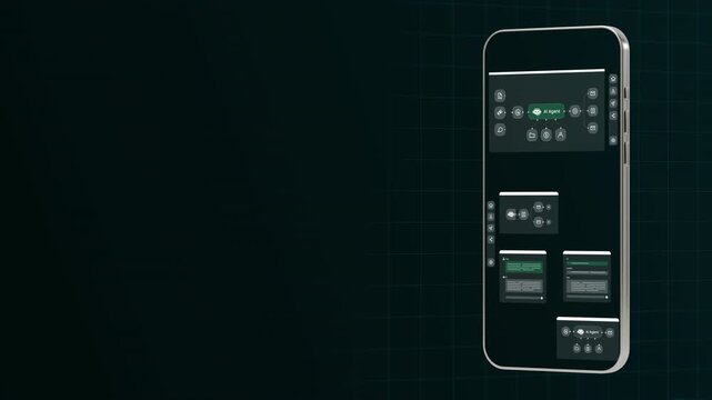 Vertical view of a smartphone screen displaying an AI agent process flow with integrated task management and automation icons.