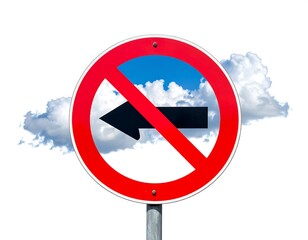 A red-ringed road sign with a black left arrow, crossed out, against a sky background with white clouds