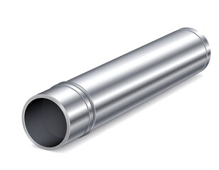 A shiny metal pipe laying diagonally with shadows on white background