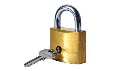 A shiny padlock with a key inserted in its keyhole, against a pristine white background
