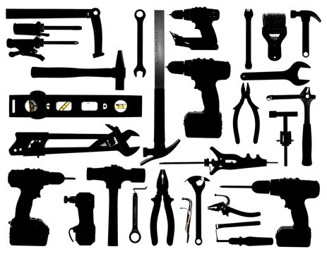 Assorted tools arranged as silhouettes against a white backdrop, appearing flat and two-dimensional