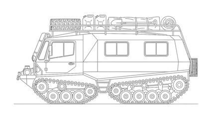 Arctic Expedition Vehicle Line Drawing: A detailed line drawing of an arctic expedition vehicle, meticulously crafted to traverse the harshest terrains and carry essential supplies for exploration.  © AJM