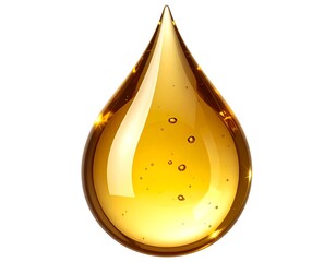 A single, lustrous droplet of golden liquid with highlights, isolated on a bright white background