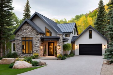 Obraz premium Modern mountain home with stone facade and autumn trees