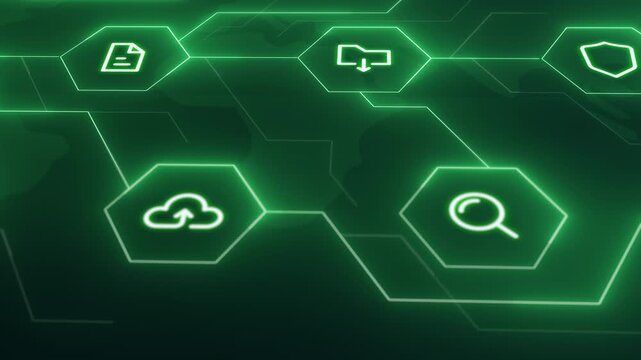 Hexagonal interface showing cloud, file, and data management icons in a green digital network environment.