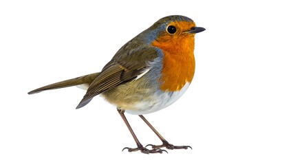 A small, colorful bird with a bright orange breast stands against a stark white background