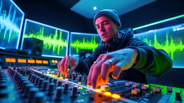 Music producer working on soundboard.