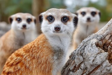 Fototapeta premium Three meerkats watching alert and attentive in nature