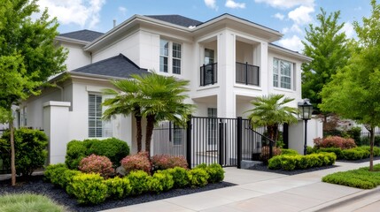 White luxury house featuring landscaping and palm trees