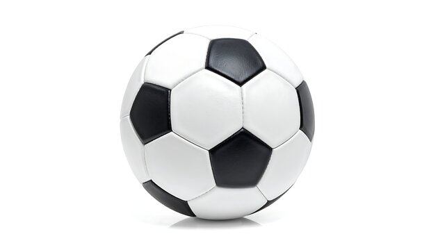 Black and white soccer ball with hexagonal and pentagonal patches casts subtle shadow on a clean, white surface