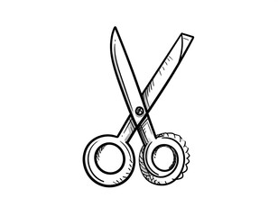 Fototapeta premium Black outlined scissors on a white background, one handle is round while the other is ridged