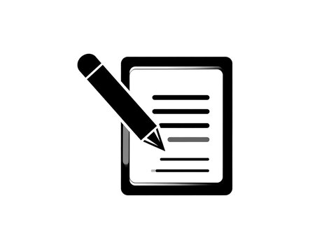 Black outline of tablet screen with writing and pen against white backdrop in simple minimalist art style