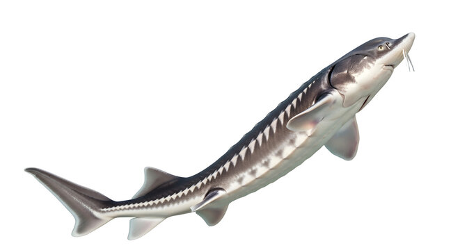 Large sturgeon fish swimming in a sleek and powerful pose with its distinctive long snout and armored scutes prominently displayed