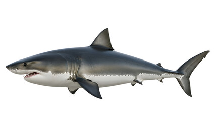 Obraz premium Large grey and white shark with sharp teeth swimming isolated on a white background showcasing its powerful fins and sleek body