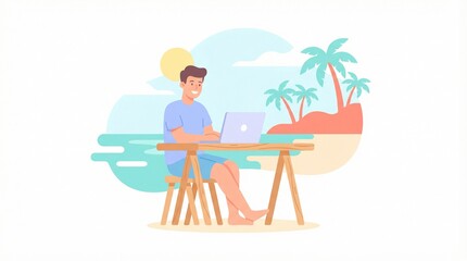 Fototapeta premium A man works on a laptop at a desk with a tropical background, conveying a sense of remote work and relaxation in a sunny setting.