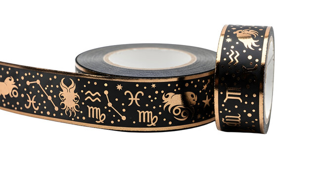 Gold zodiac patterned tape roll with astrology symbols and stars on black background for crafting and decoration