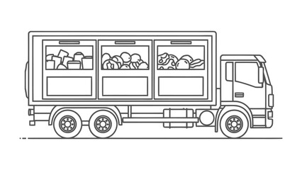 Fototapeta premium Illustration of Delivery Truck: A meticulously drawn side view of a delivery truck, showcasing its design and functionality, loaded with various cargo compartments.