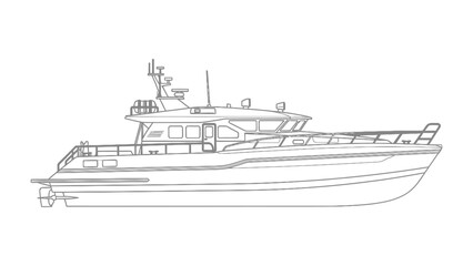 Fototapeta premium Elegant Motorboat Sketch: A sleek, detailed line drawing showcases the design of a modern motorboat, capturing its graceful lines and robust construction.