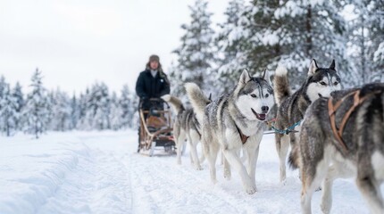 Siberian Huskies Pulling a Sled in Snow-Covered Forest