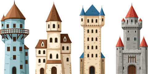 Medieval castle towers set fantasy architecture vector illustration isolated on light background historic fortress design collection © Mst