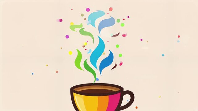 Colorful cup with steam rising.