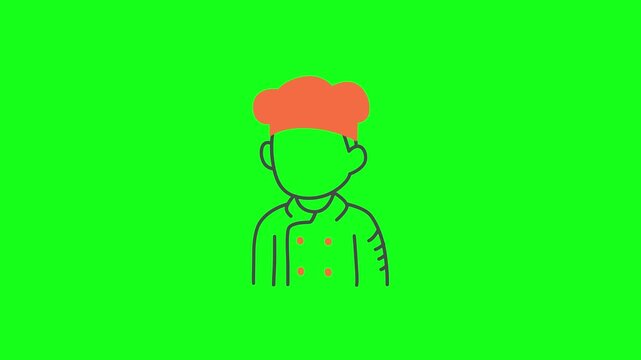 Animated male chef character wearing a traditional toque hat and uniform. 2D flat motion graphic for cooking and restaurant themes