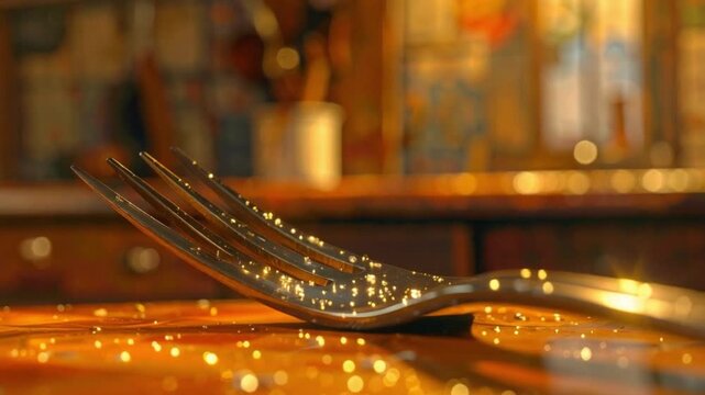 Elegant golden fork with sparkling light reflections on a warm surface
