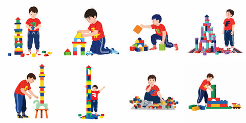 Fototapeta premium A young boy engaged in various activities with colorful building blocks, fostering creativity, learning, and imaginative play in early childhood.
