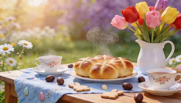 elegant garden tea party table with hot cross buns and tulips perfect for easter