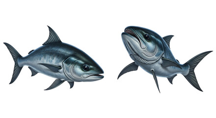 Fototapeta premium Illustration of two bluefin tuna with different mouth positions facing each other on a white background
