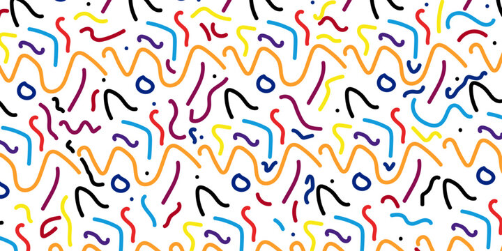 seamless pattern with colorful doodles textile fabric pattern surface decor repeat line paper wave geometric texture background.