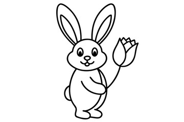 Cute Easter bunny holding tulip flower coloring page silhouette vector illustration isolated on white background