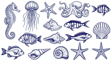 Ocean Life Collection: Seahorse, Octopus, Jellyfish, Fish, Starfish & Shells - Sketch © udin