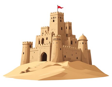 A cartoon sandcastle with towers, arches, and a red flag, sitting on a sand dune