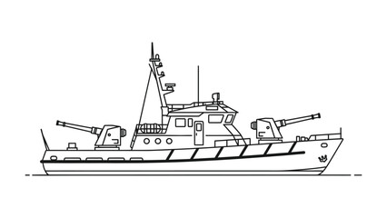 Line Drawing of Military Vessel: A detailed line drawing showcases a military vessel, highlighting its design and weaponry with precision. © Ajhar234