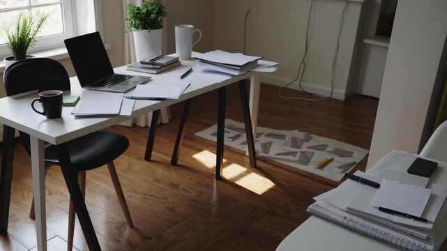 sunlit home office desk with laptop and scattered papers, coffee mug, potted plant, modern chair on wooden floor; quiet morning light casting warm shadows across tidy minimalist workspace ideal