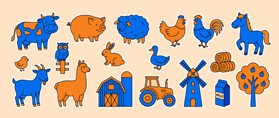 Fototapeta premium Farm Animals and Elements Illustration: a vibrant illustration showcasing a charming farm scene filled with a variety of animals and essential elements.