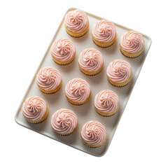 Twelve pink frosted cupcakes on a white tray