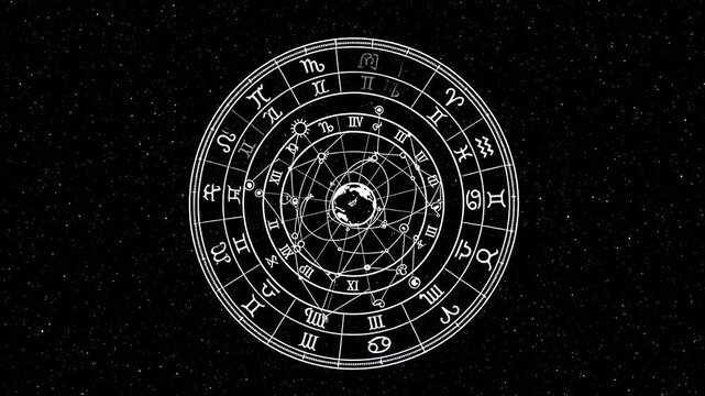 Astrological chart with zodiac signs and planetary positions.
