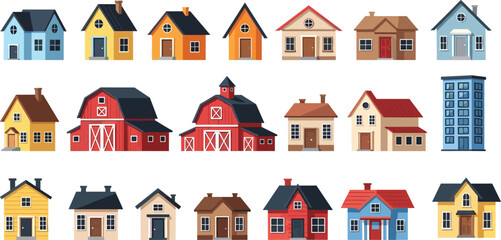 Collection of various residential houses and barns isolated on white background, colorful cartoon vector illustration set of buildings © Mst