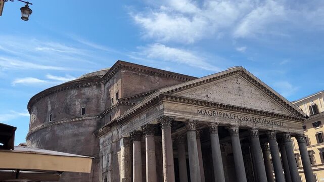 Cinematic shot of piazza della Rotonda and ancient building famous landmark of Rome, Pantheon