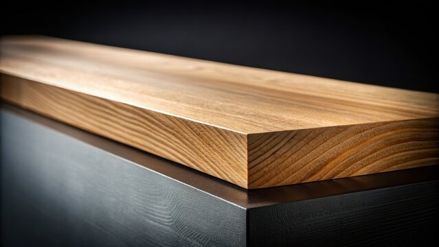 A photo of a crisp wooden edge against a sleek black background, industrial aesthetics dominating the frame