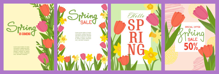 Naklejka premium Colorful vector illustration collection of spring sale templates. Features vibrant tulips and daffodils with editable text space for retail promotions and seasonal special offers.