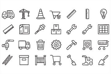 Construction tools and industrial equipment line icon set for engineering projects