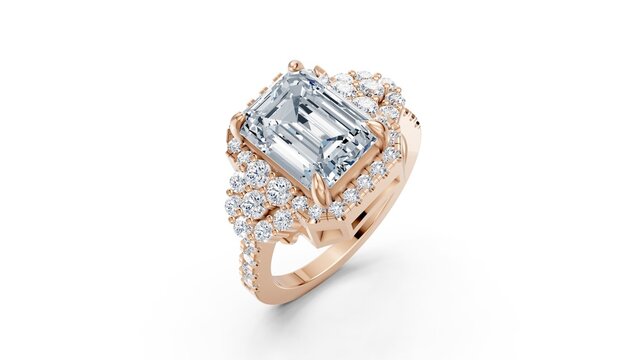 Classic halo ring designed to highlight a refined emerald cut stone.
