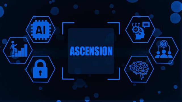 Blue digital concept of artificial intelligence ascension with representing AI chip progress lock brain human head and finance on a dark bokeh background