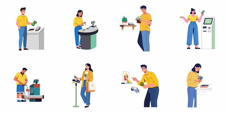 Diverse people managing money and making payments at point-of-sale systems, ATMs, and cash registers in various retail and financial settings.