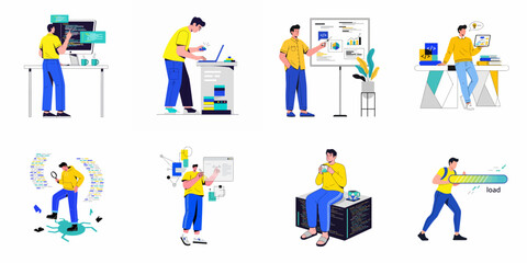 Fototapeta premium Comprehensive illustration set showcasing software development, coding, data analysis, debugging, and tech work processes, highlighting innovation, problem-solving, and professional activities.