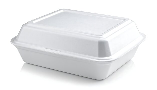 A white styrofoam food container is shown with a lid, sitting on a white surface with a visible reflection